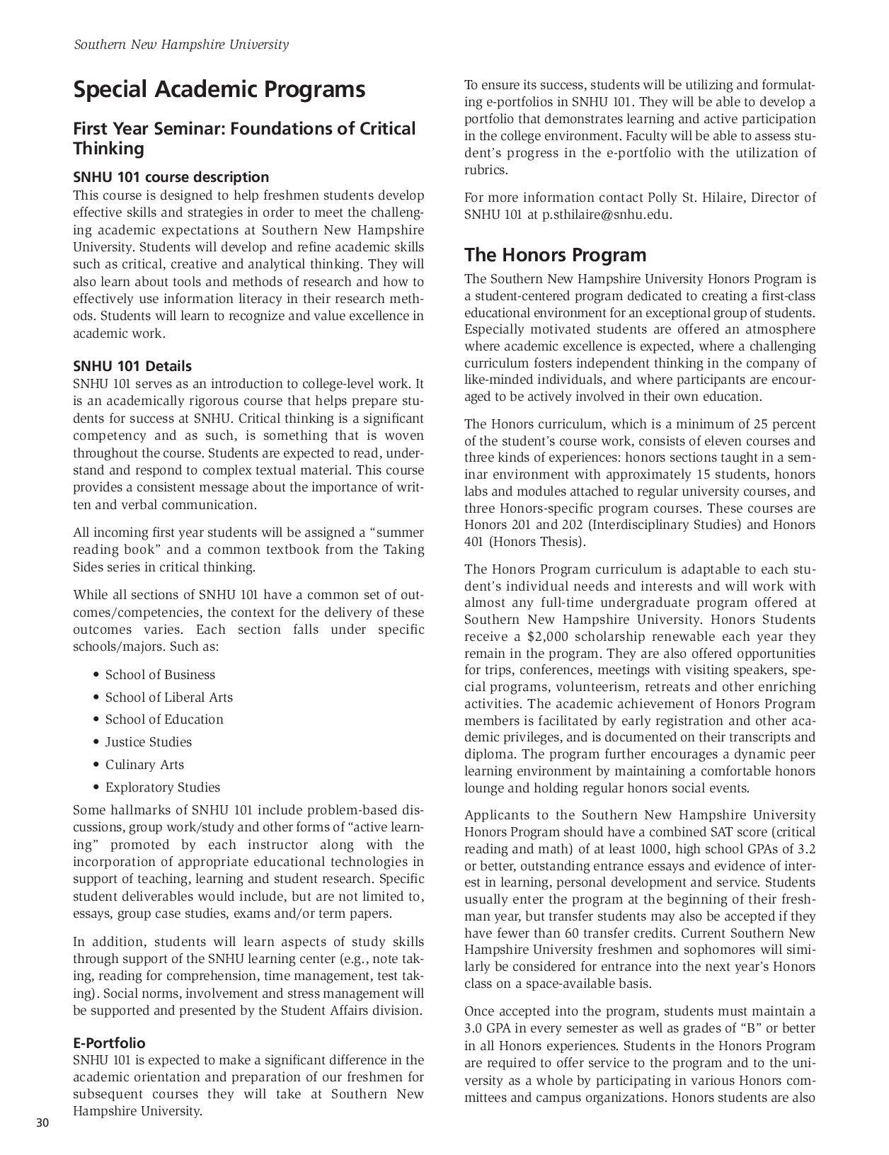 SNHU Undergraduate Catalog 20082009 by Southern New Hampshire