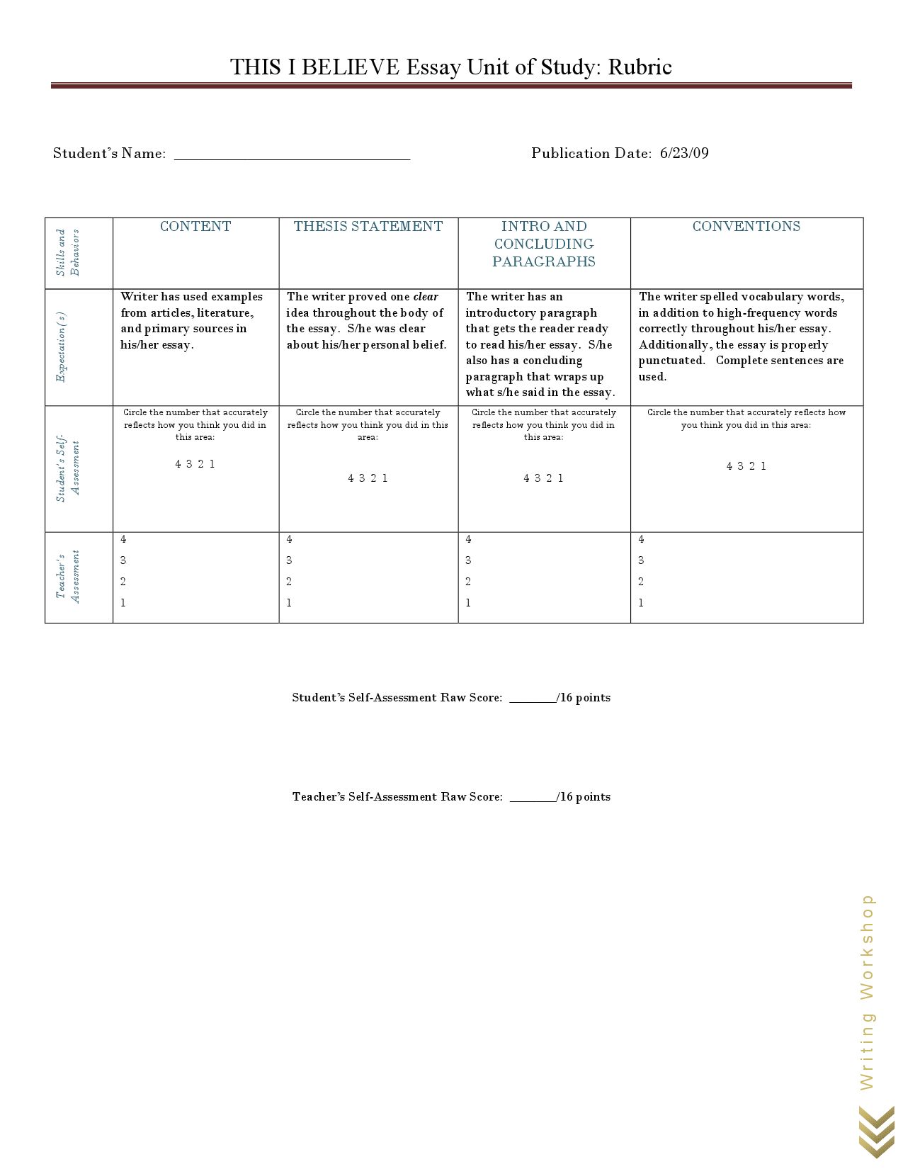 Rubric for writing essay image