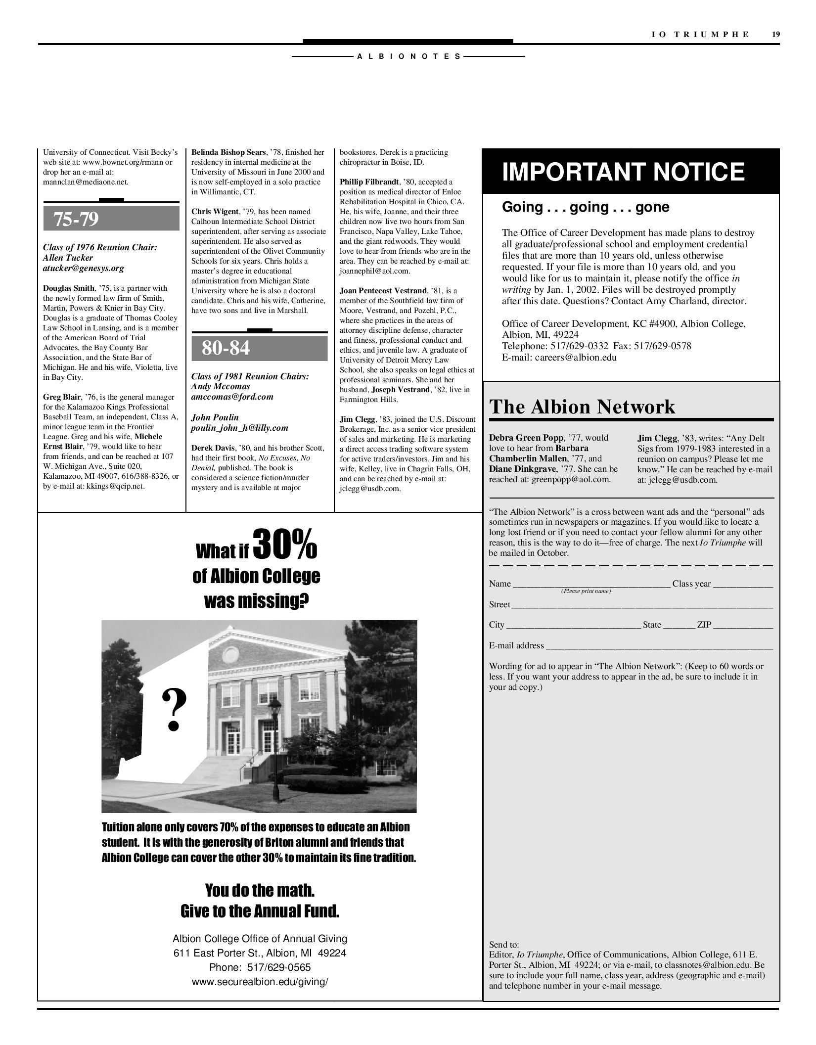 Io Triumphe! A magazine for alumni and friends of Albion College by