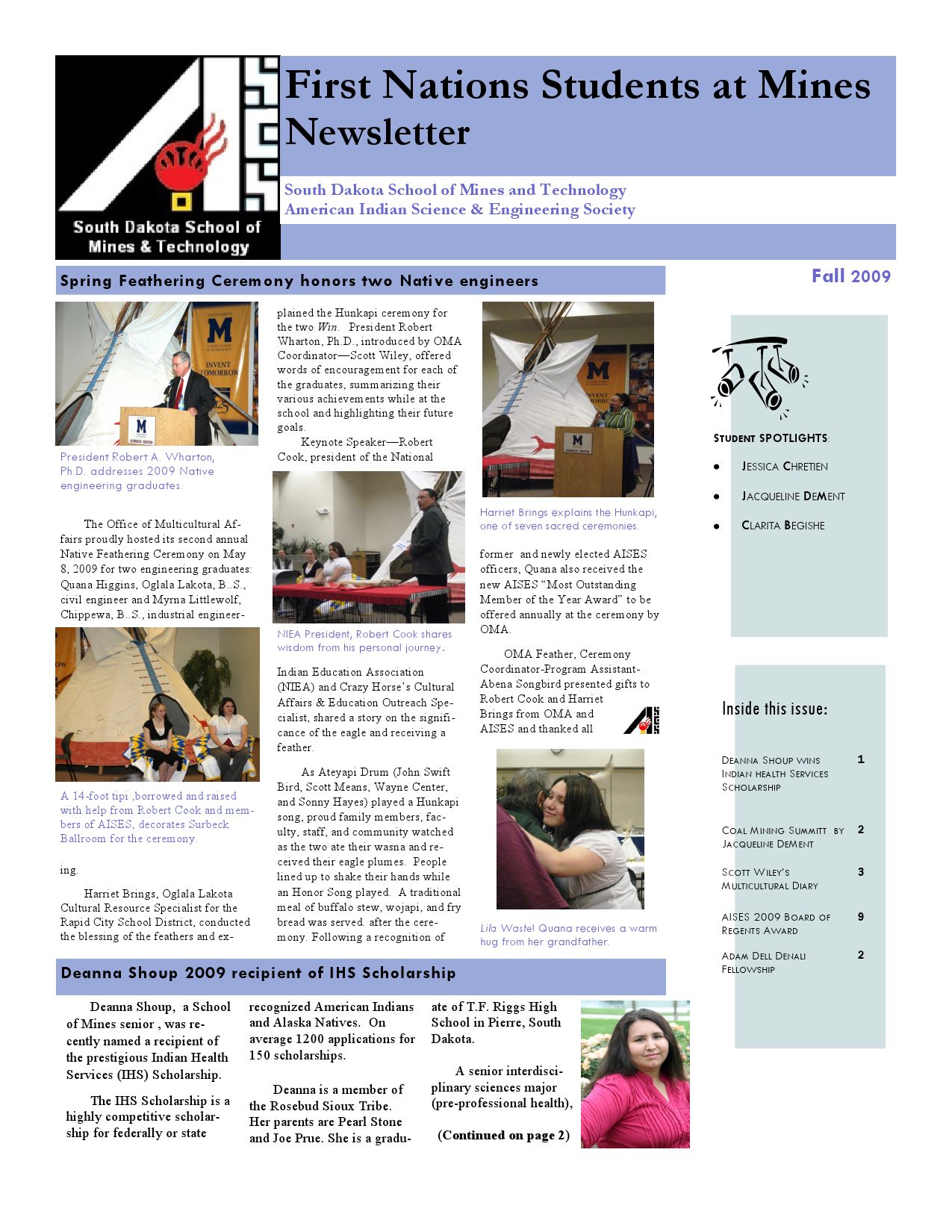 Sdsmt First Nations Students At Mines Newsletter Fall 2009 By