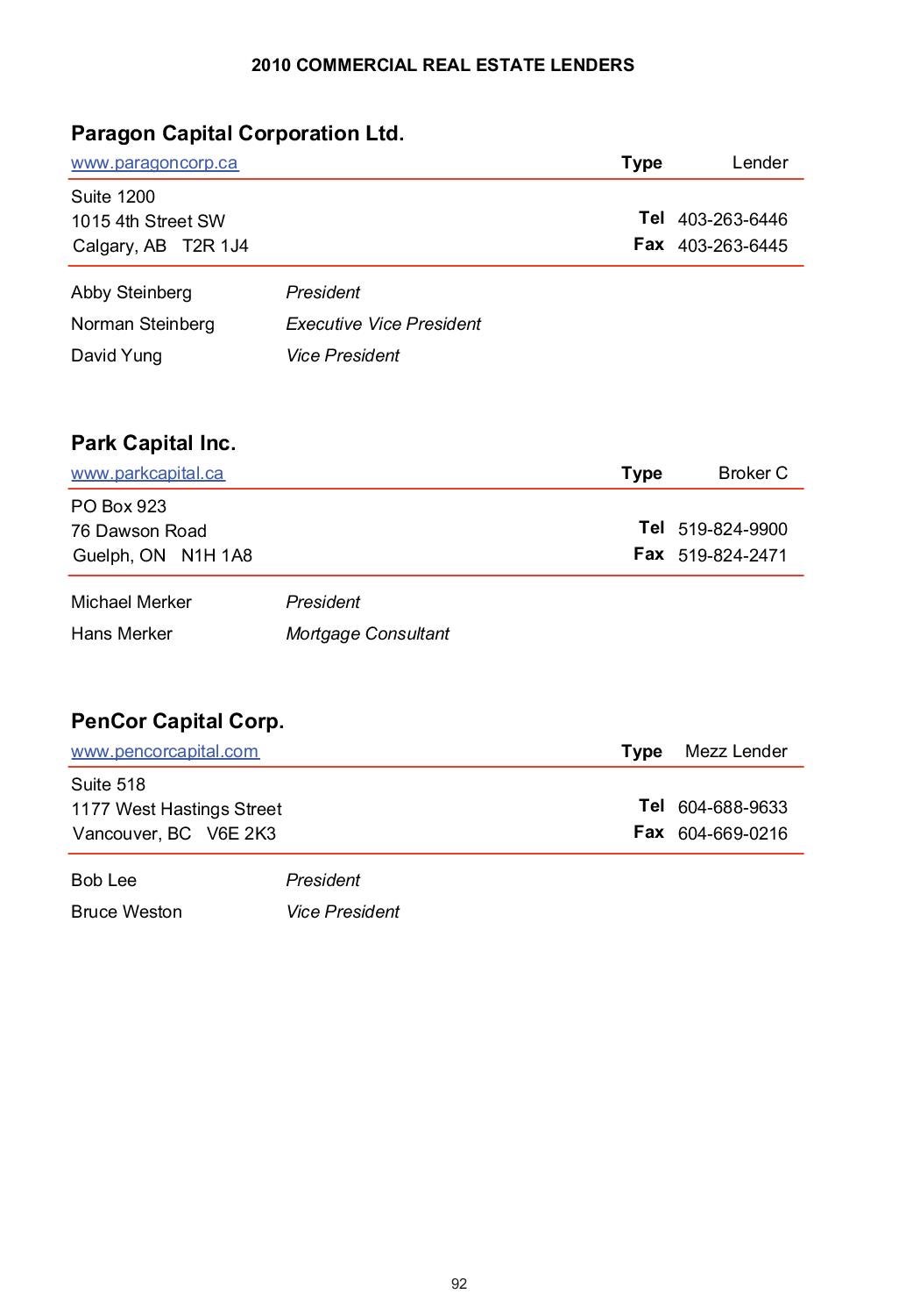 Commercial Real Estate Lenders Directory 2010 by Real Estate Executives