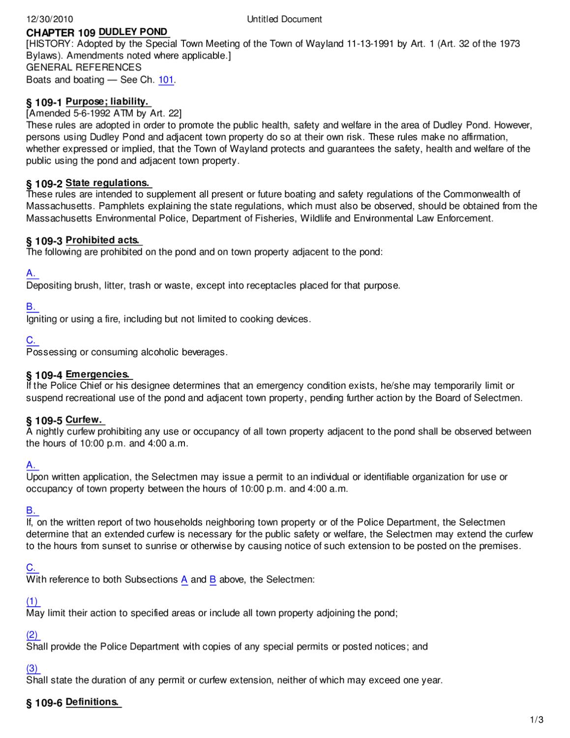Town of wayland Bylaws Chapter 109 Rules for Dudley Pond by Wayland