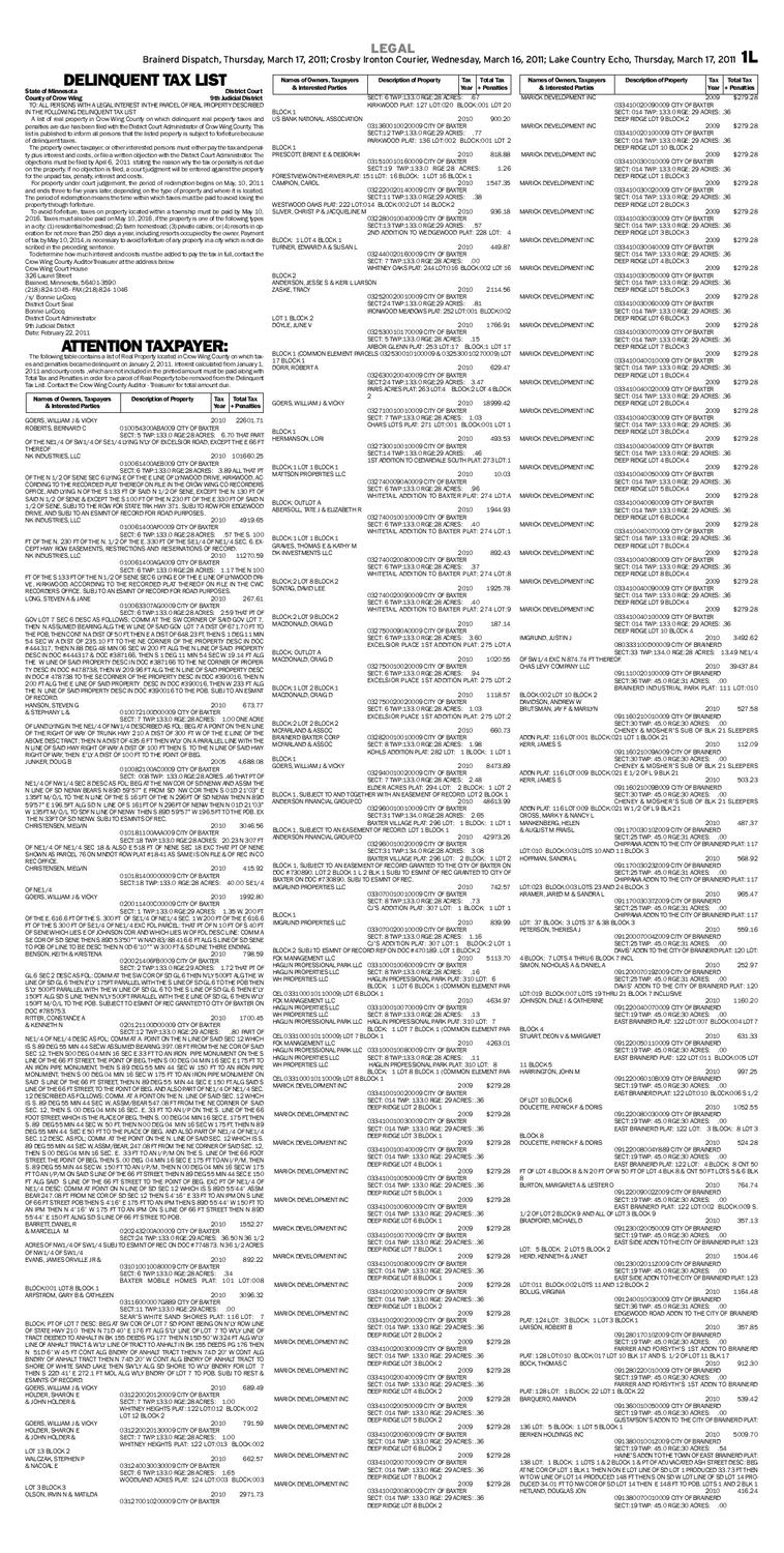 2011 Crow Wing Co. Delinquent Tax List 2nd Pub by Brainerd Dispatch