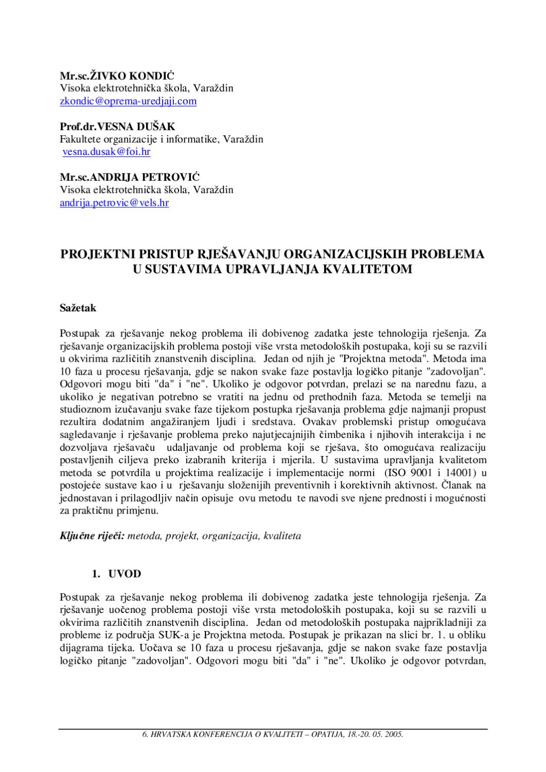 PROJEKTNI PRISTUP RJEŠAVANJU ORGANIZACIJSKIH PROBLEMAU SUSTAVIMA ...
