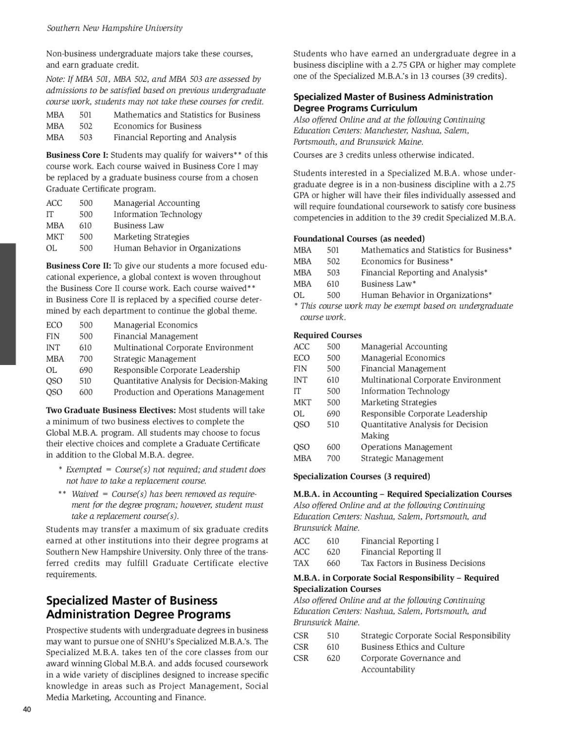 Southern New Hampshire University Graduate Catalog 20112012 by