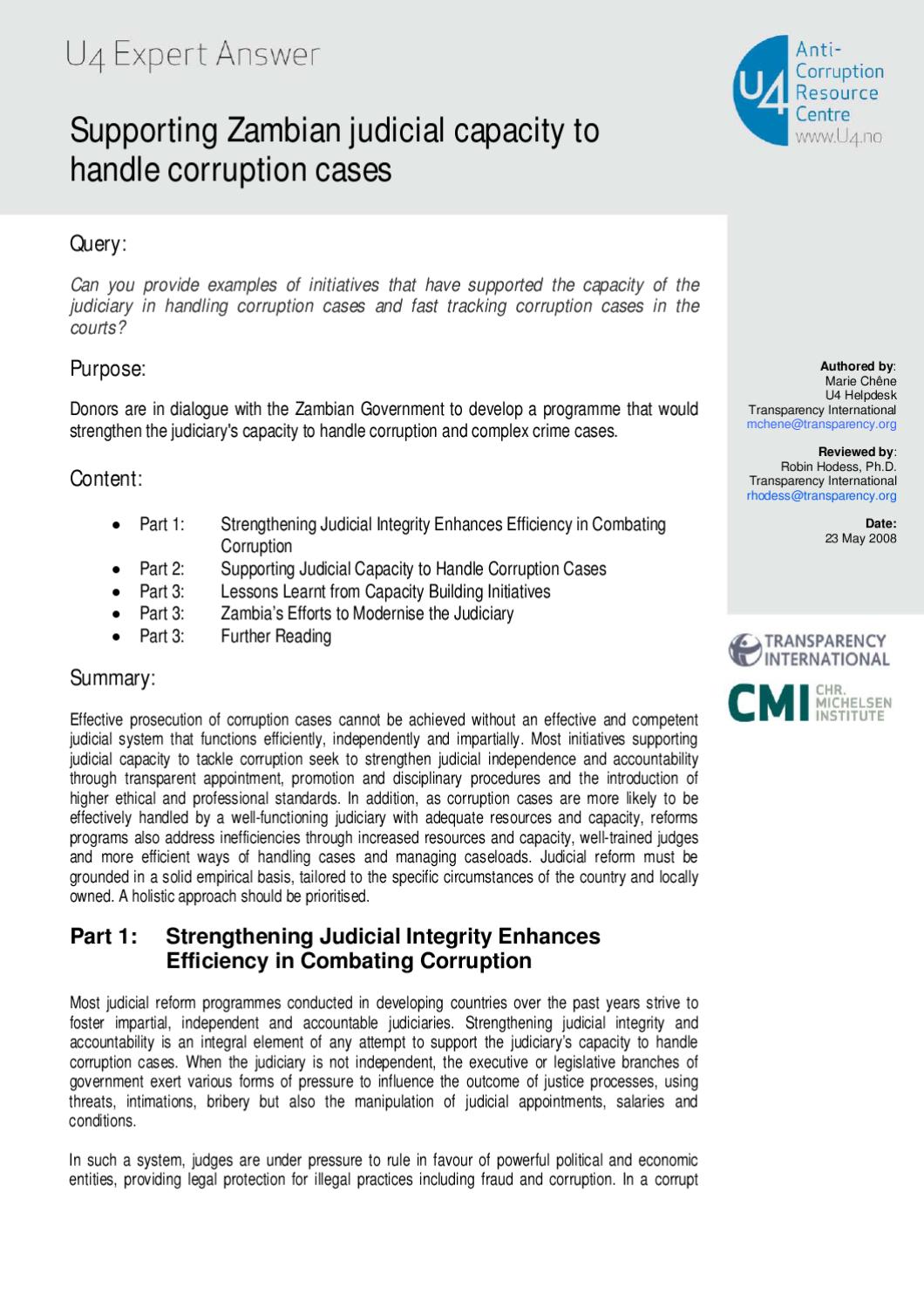 Supporting Zambian judicial capacity to handle corruption cases by CMI