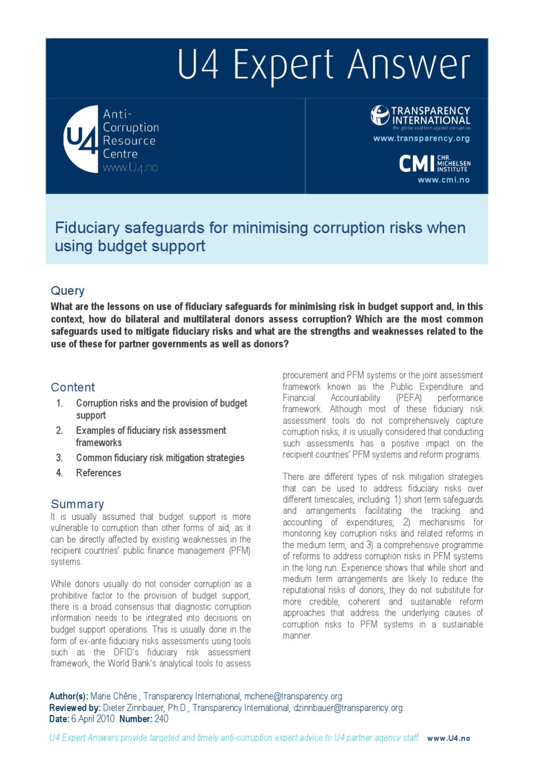 Fiduciary Safeguards For Minimising Corruption When Using Budget Support By Cmi Chr Michelsen Institute Issuu
