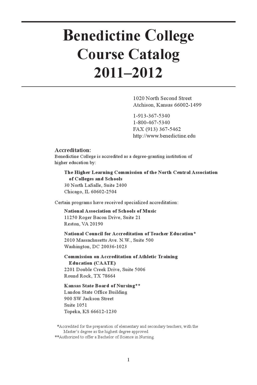 College Catalog 20102012 (Updated 2011) by Benedictine College Issuu