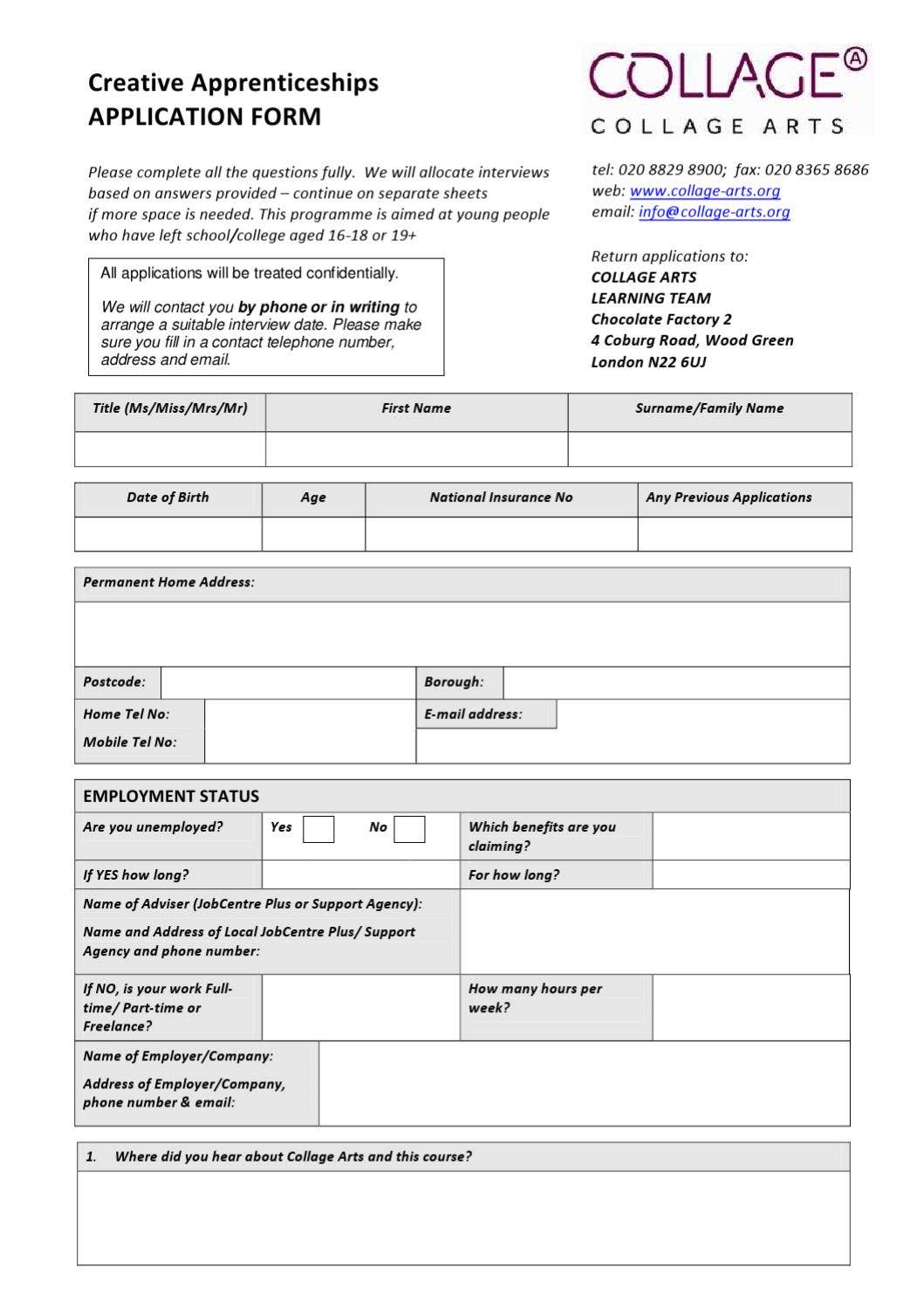 Collage Apprenticeship Application Form - PDF by Collage Arts - Issuu