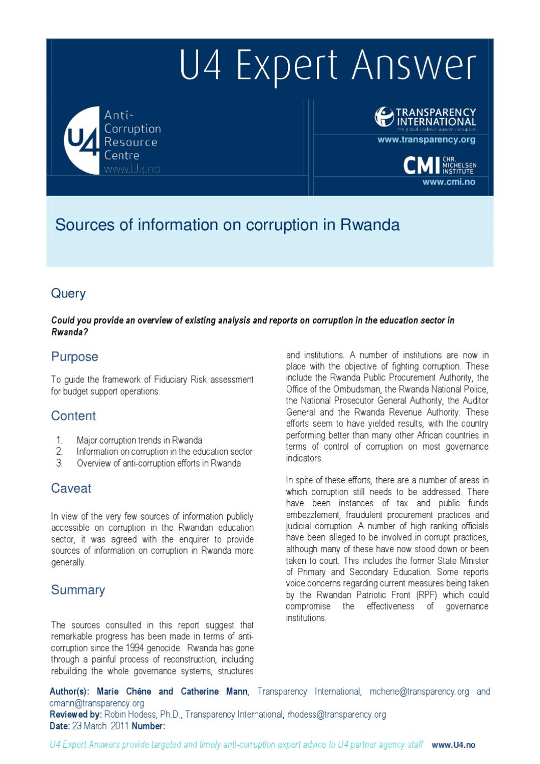 Sources Of Information On Corrruption In Rwanda By CMI Chr Michelsen 