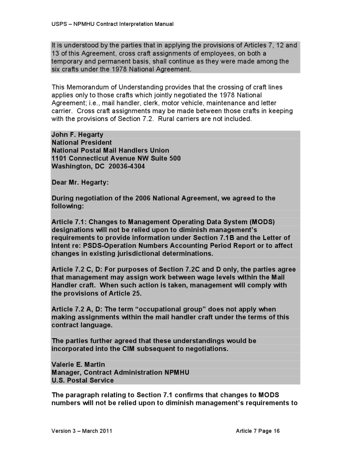 CONTRACT INTERPRETATION MANUAL CIM Version 3 By National Postal Mail 