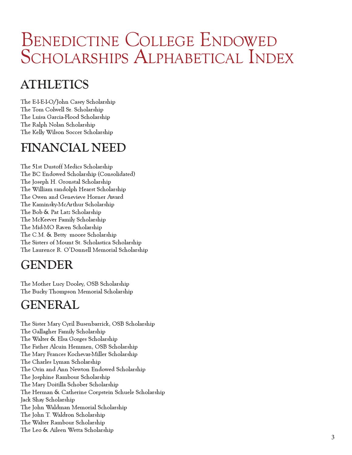Endowed Scholarship Listings by Benedictine College Issuu