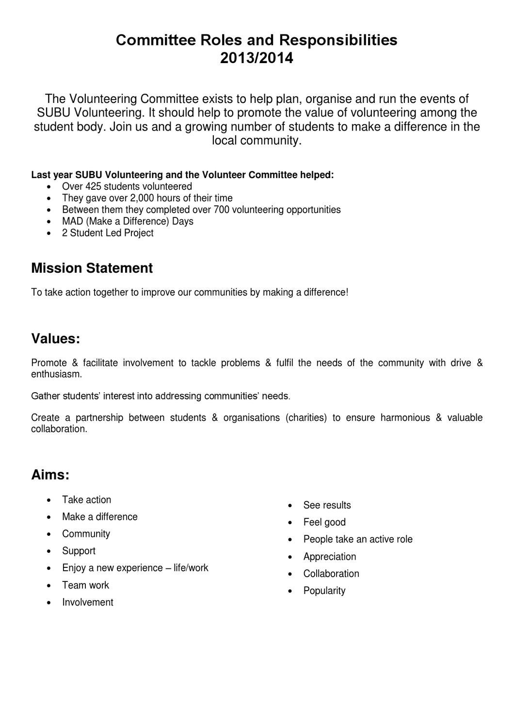 Volunteer Committee Roles and Responsibilities by Students' Union