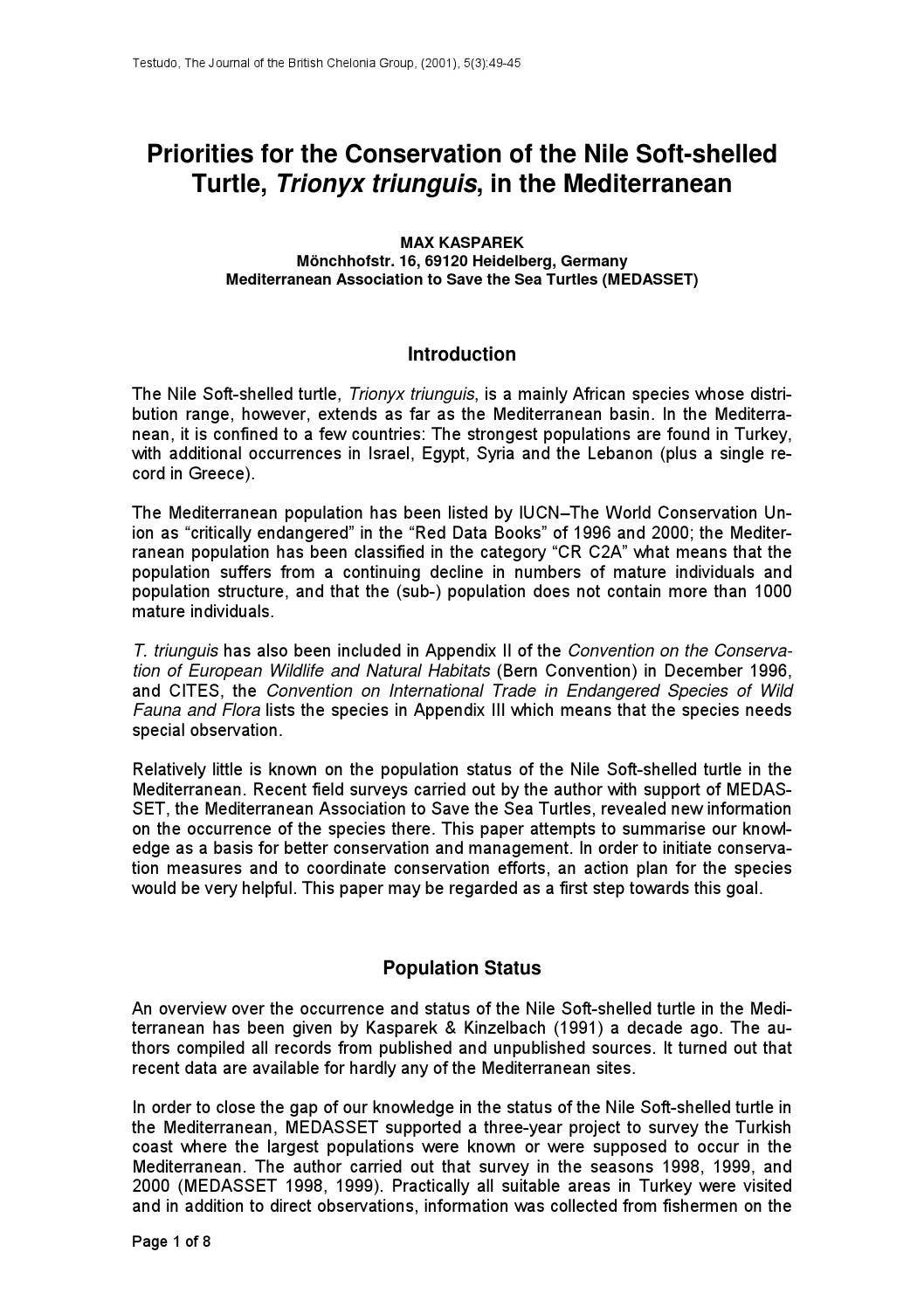 Priorities for the conservation of the Nile Soft-shelled turtle ...
