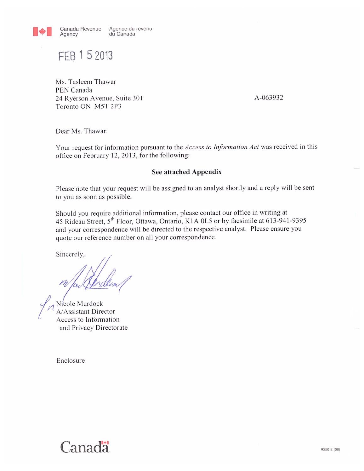 2013 02 15 CRA Response on FOI D by PEN Canada - Issuu