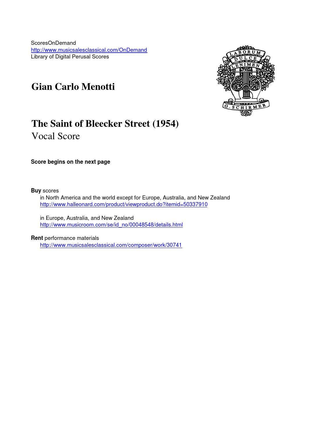 Menotti　The Saint of Bleecker Street MENOTTI, G.C.: Saint of Bleecker Street (The) / Th