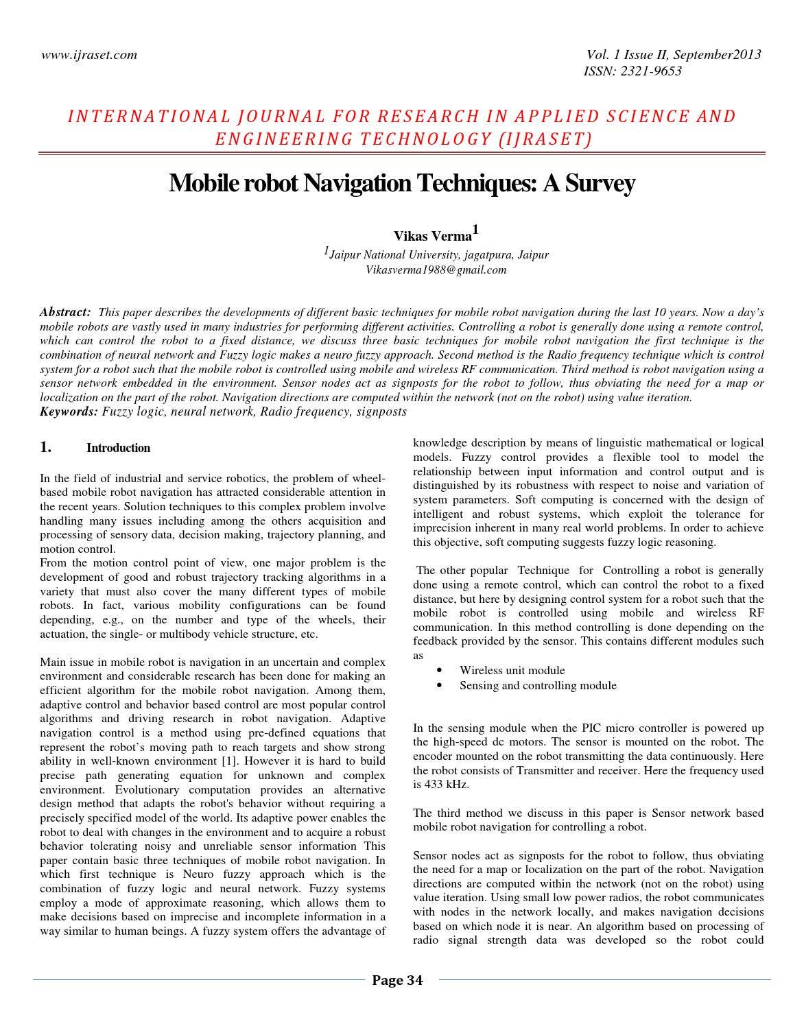 Mobile robot navigation techniques a survey by IJRASET - Issuu