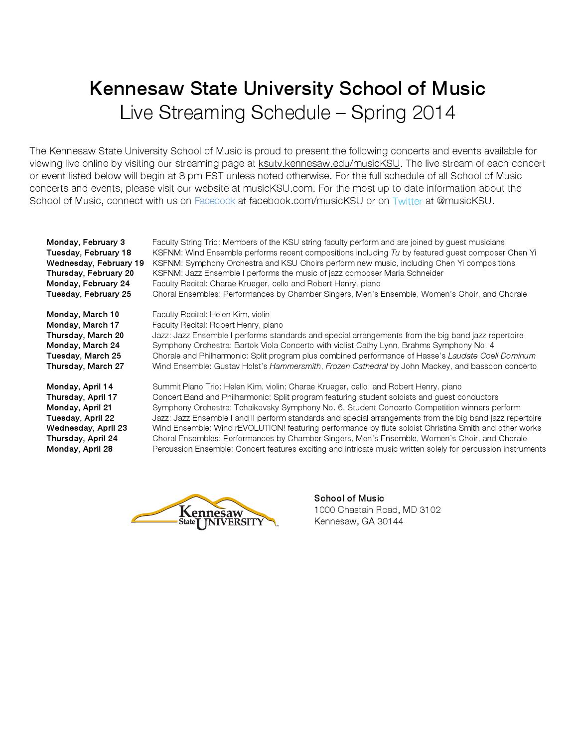 KSU School of Music Spring 2014 Streaming Schedule by Kennesaw State