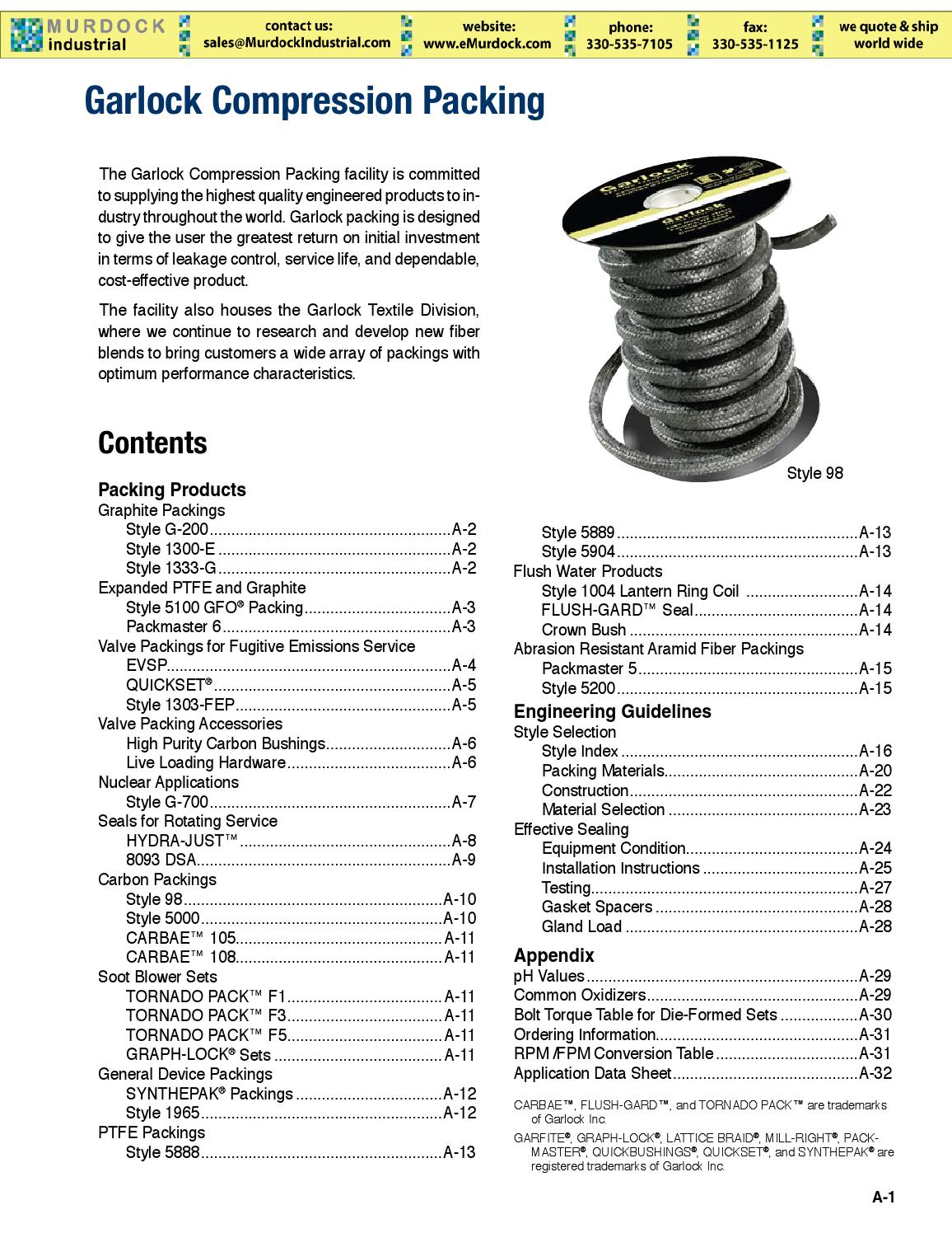Garlock Compression Packing Catalog PDF by Murdock Industrial Issuu