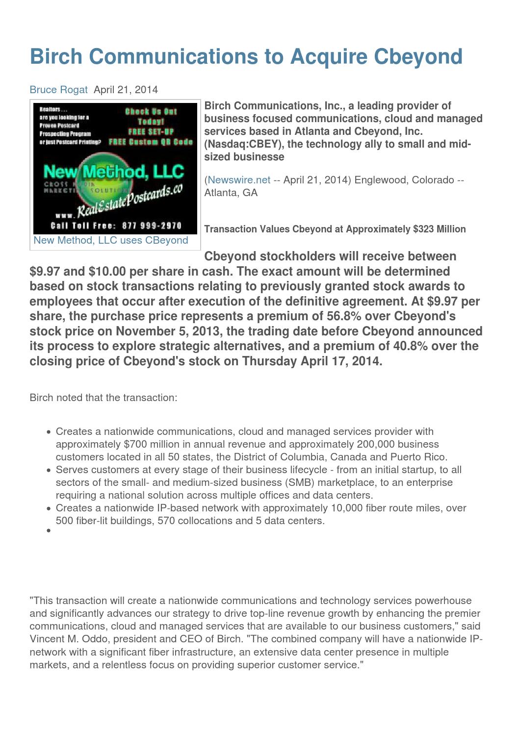Birch Communications to Acquire Cbeyond by Newswire Issuu