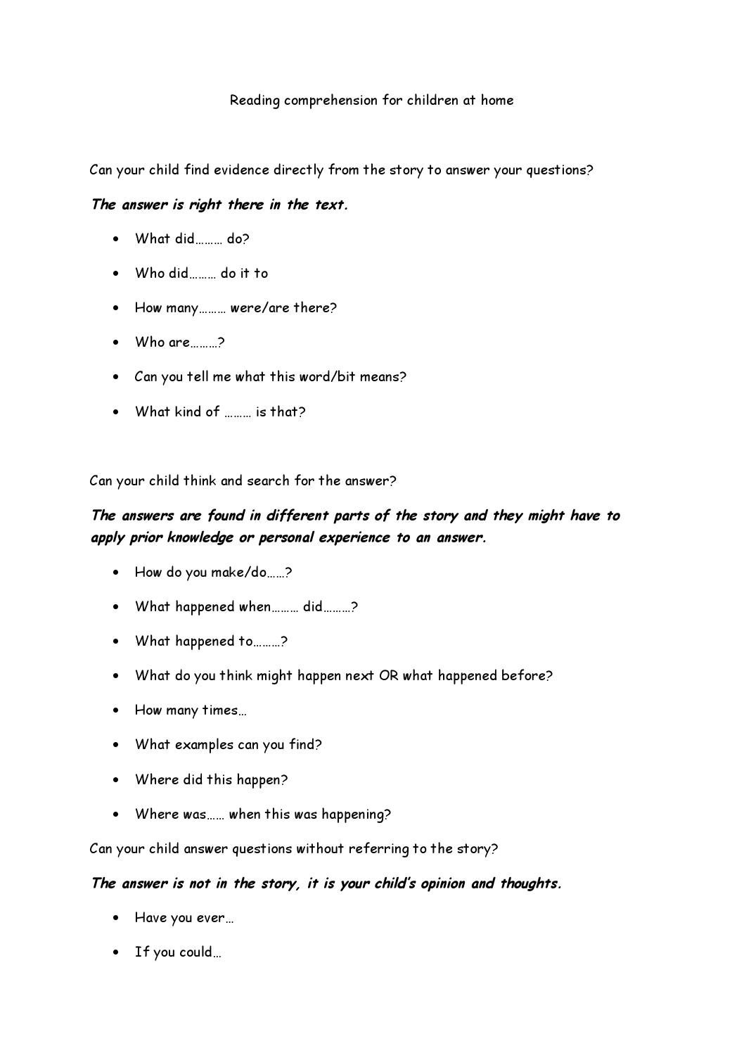 Reading Comprehension questions for parents to ask their child. by