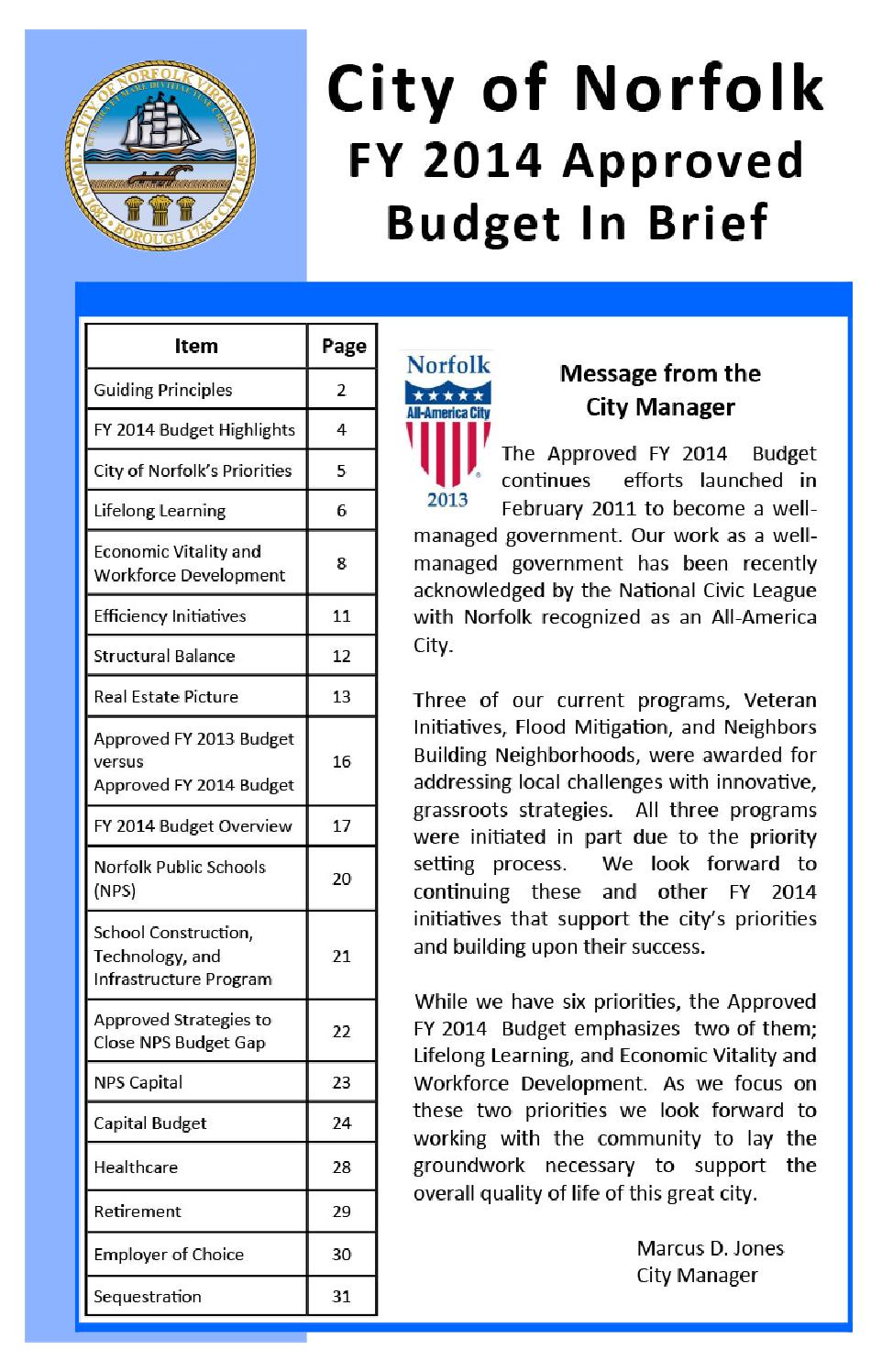 Norfolk VA FY 2014 Approved Budget in Brief by City of Norfolk Issuu