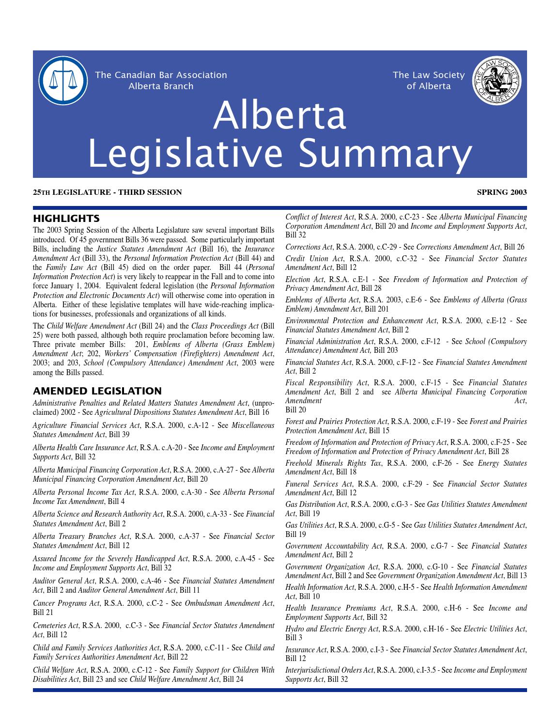 Legislative Summary Spring 2003 by Canadian Bar Association, Alberta