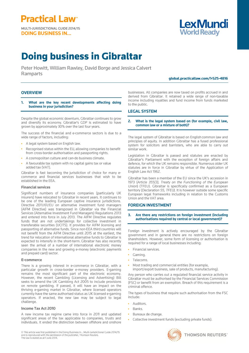 Doing Business in Gibraltar 2014 by Ramparts European Law Firm Issuu