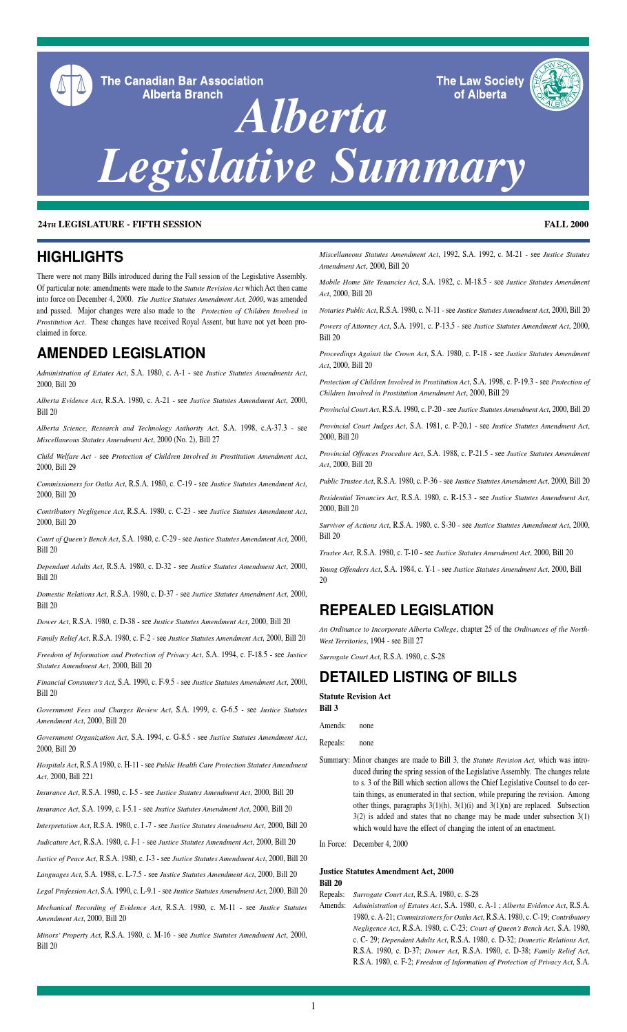 Legislative Summary Fall 2000 by Canadian Bar Association, Alberta