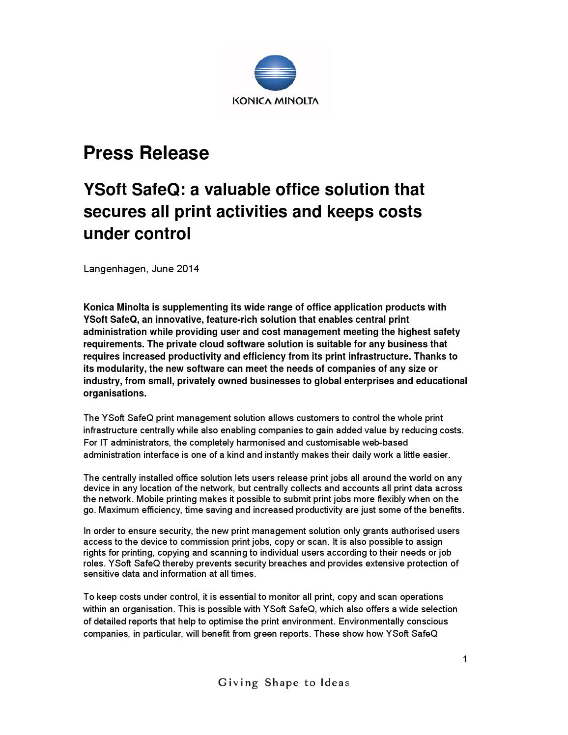 Ysoft safeq pressrelease by Konica Minolta Business Solutions Europe