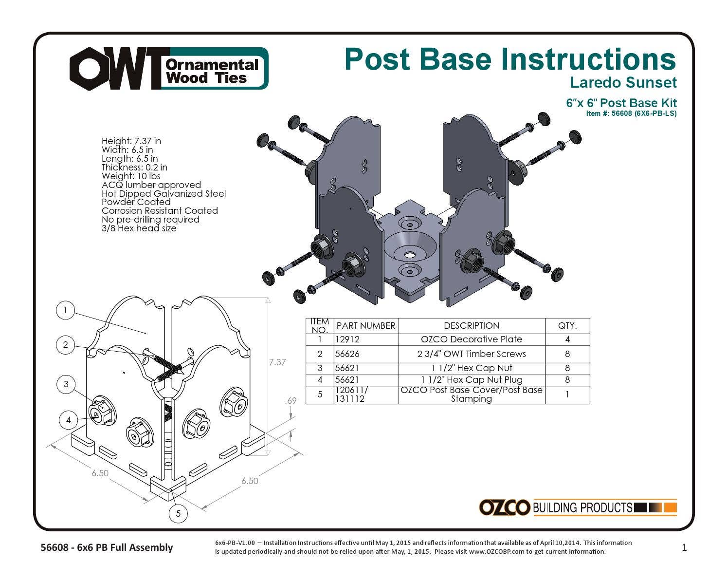 Installation Instructions - 6″x 6″ Post Base Kit (56608) 6X6-PB-LS