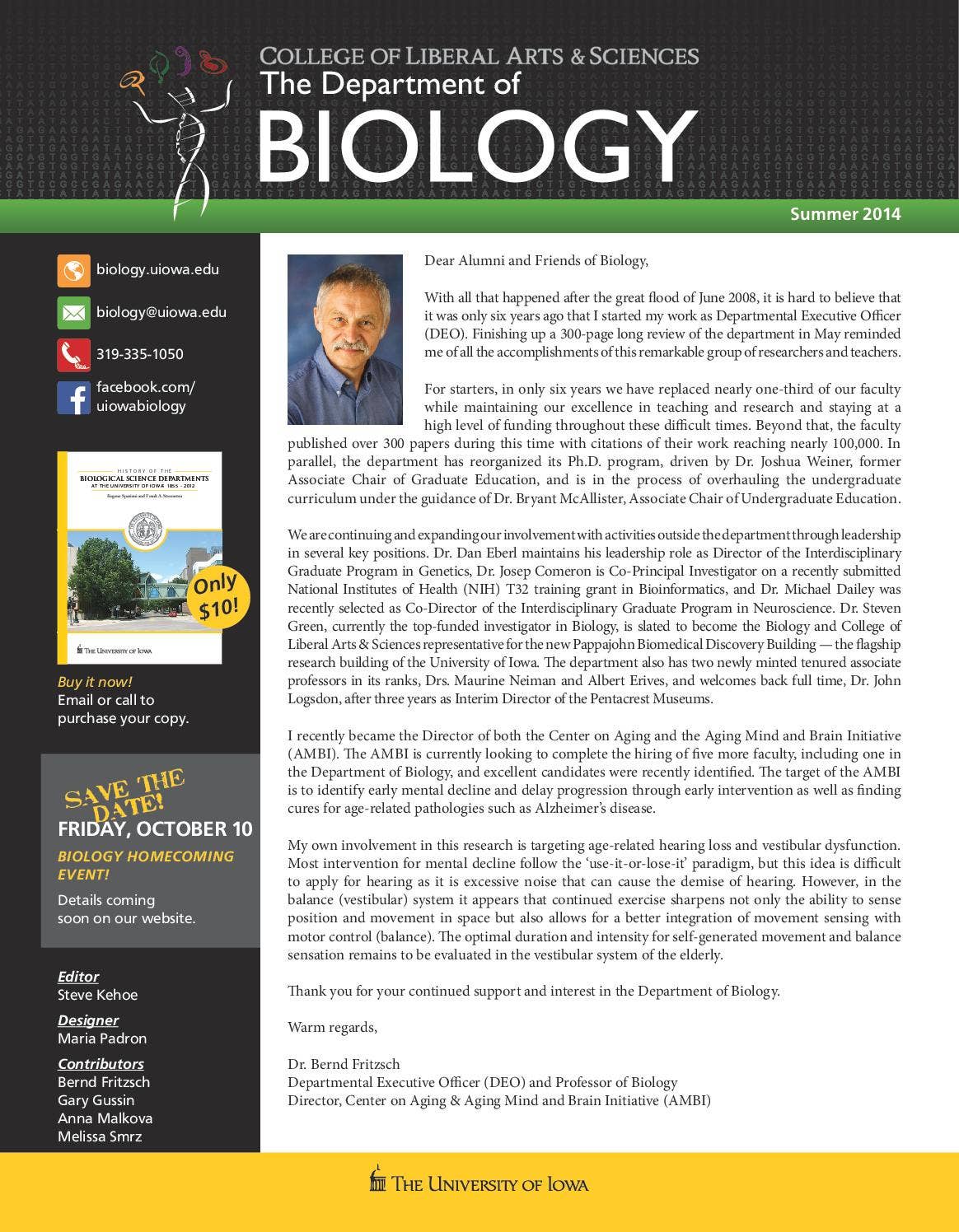 Biology Summer 2014 Newsletter by University of Iowa Department of ...