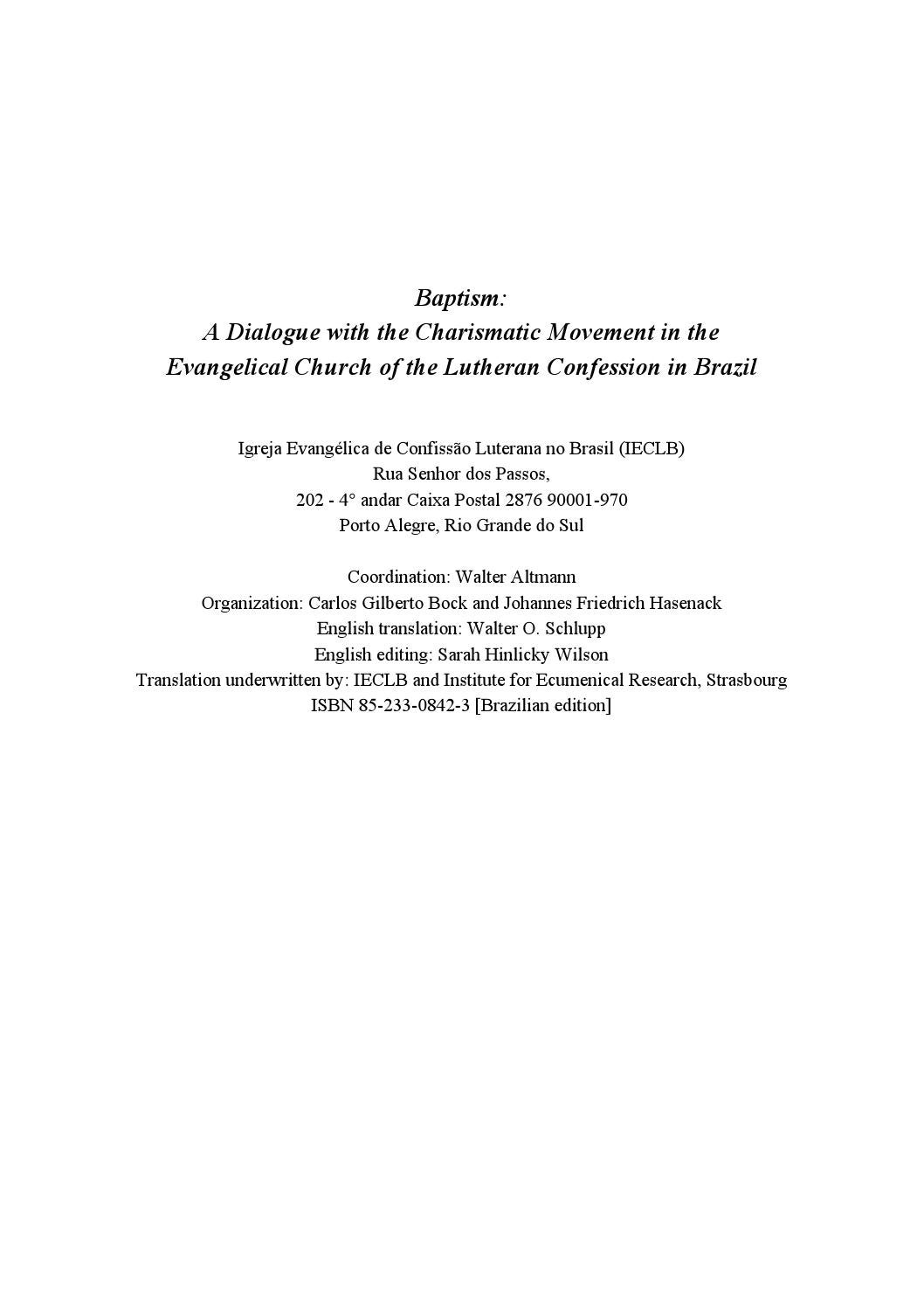 Baptism A Dialogue with the Charismatic Movement in the Evangelical
