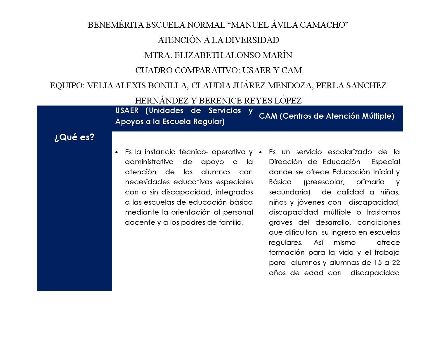 Cuadro Comparativo USAER Y CAM By Velia Bonilla Issuu