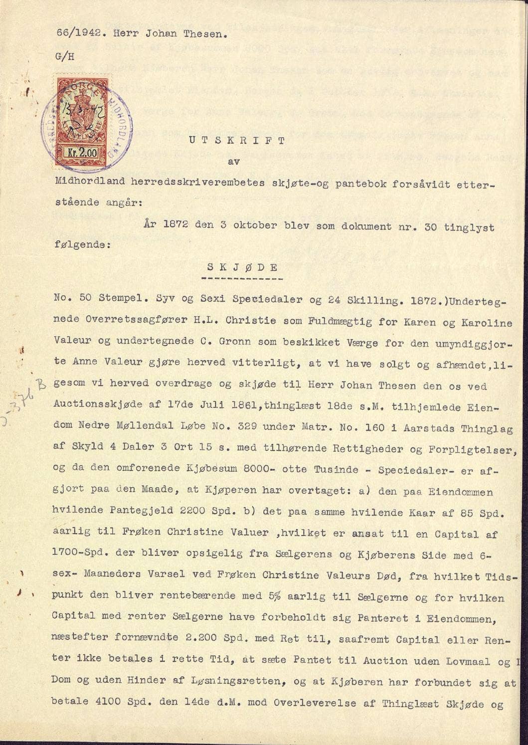 Avskrift av Midhordland skjøte- og pantebok for 1872 fra 1942 by Bergen ...