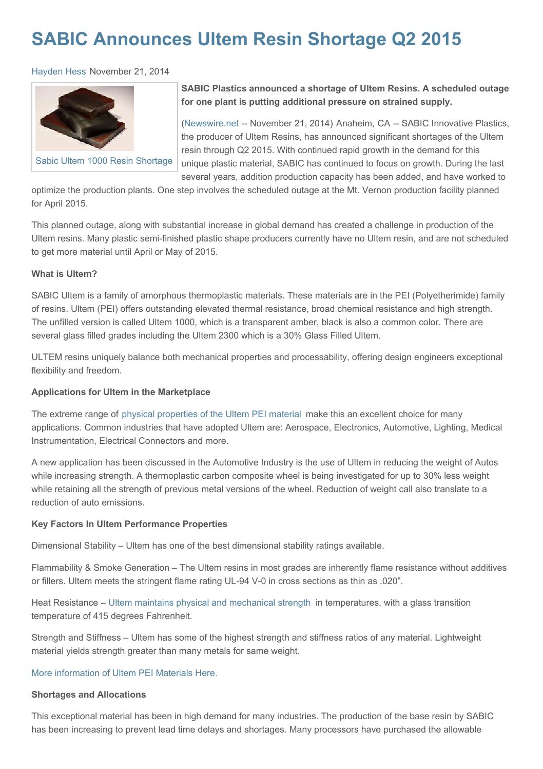 SABIC Announces Ultem Resin Shortage Q2 2015 by Newswire Issuu