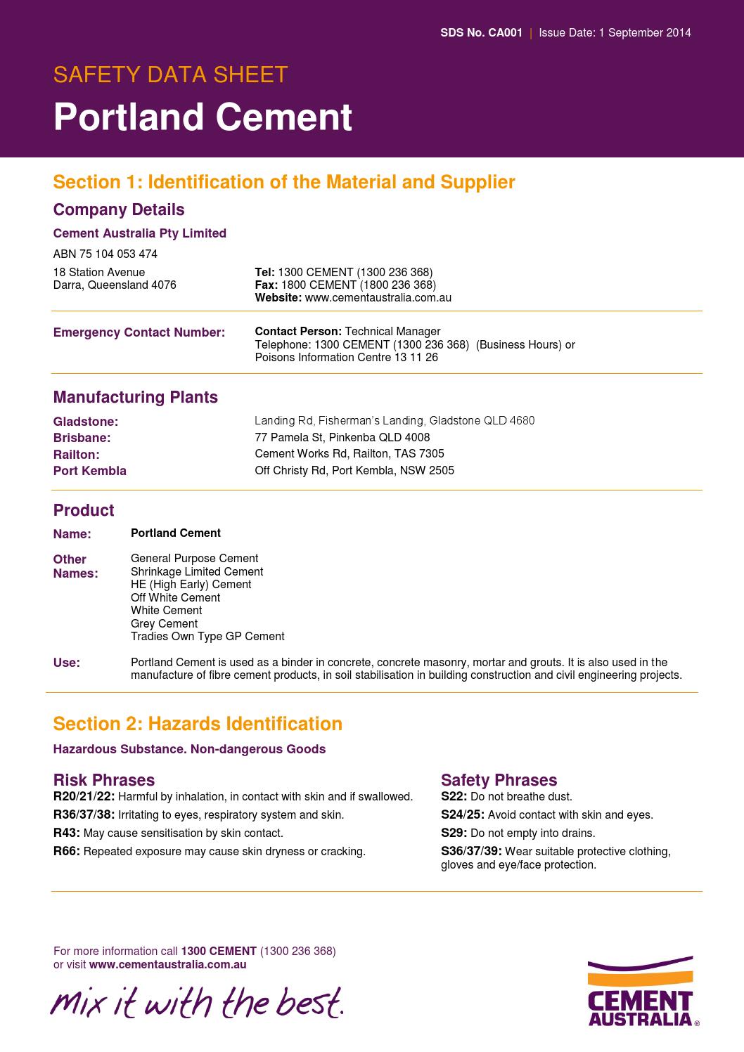 Cement Australia - Portland Cement Safety Data Sheet by Collen Landy