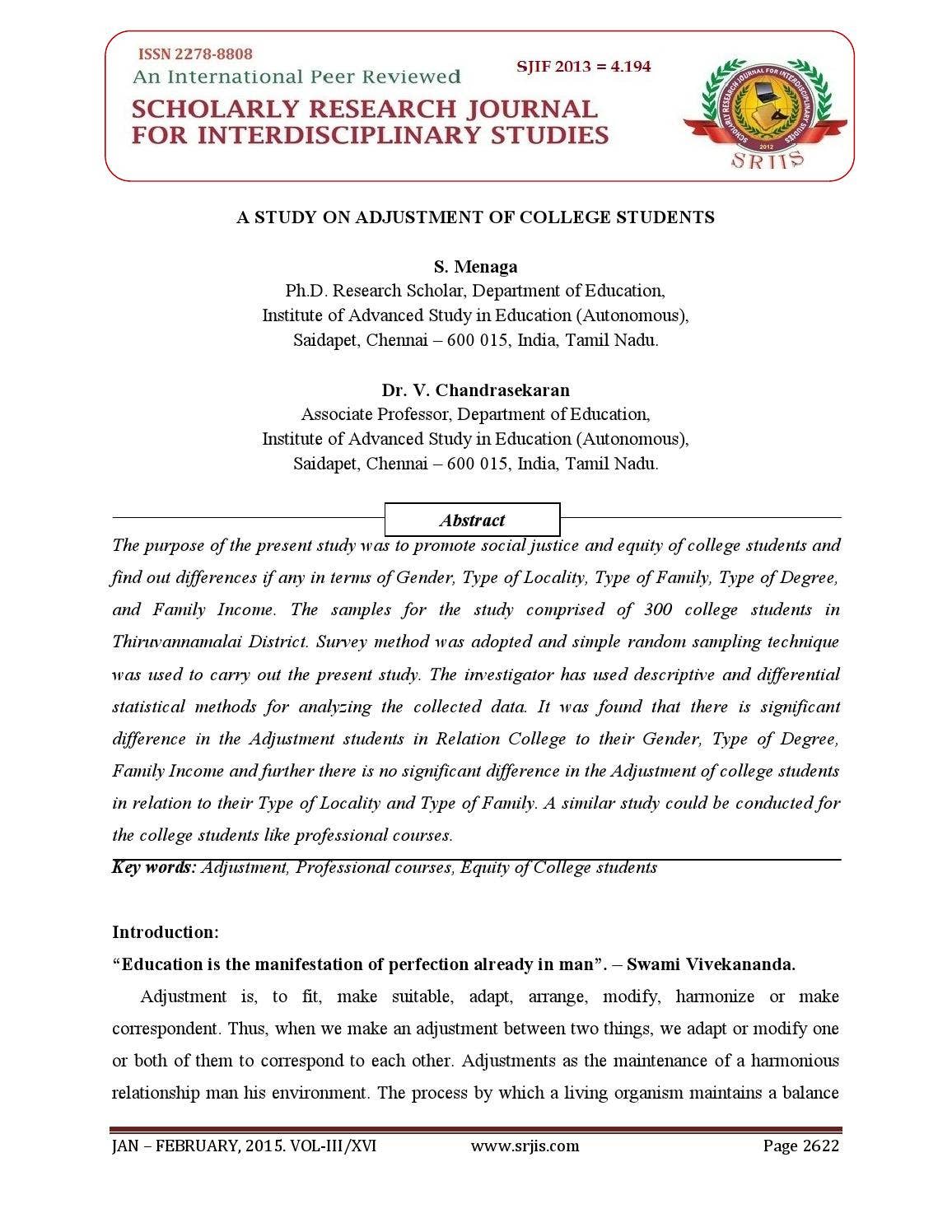 A STUDY ON ADJUSTMENT OF COLLEGE STUDENTS by Scholarly Research Journal ...