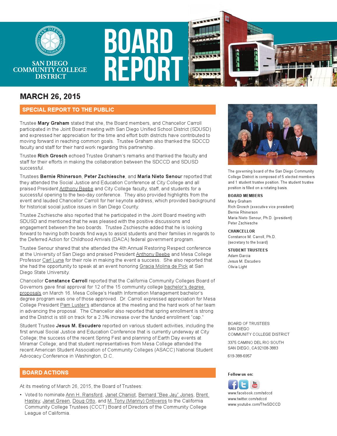 SDCCD Board Report March 25, 2015 by San Diego Community College