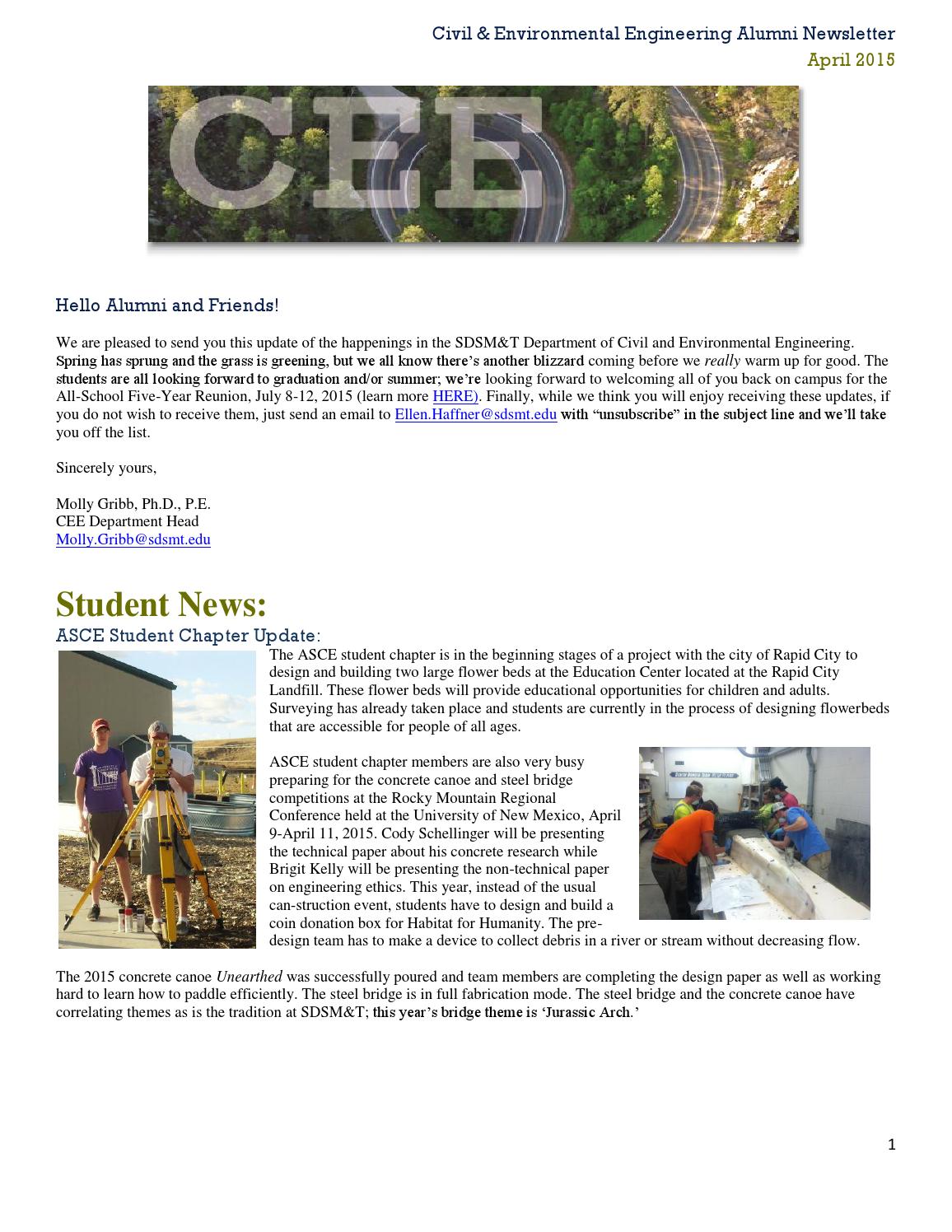 Cee Alumni Newsletter April 2015 By South Dakota School Of Mines