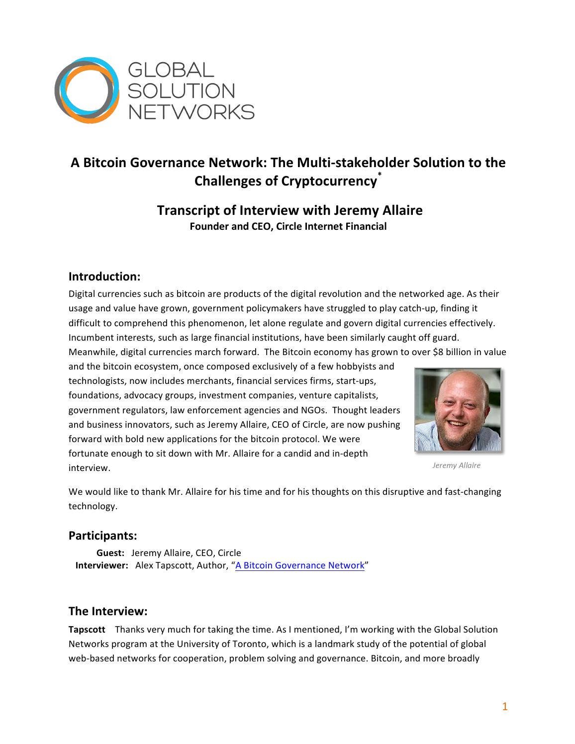 A Bitcoin Governance Network: Transcript of Interview with Jeremy Allaire  by Global Solution Networks - Issuu