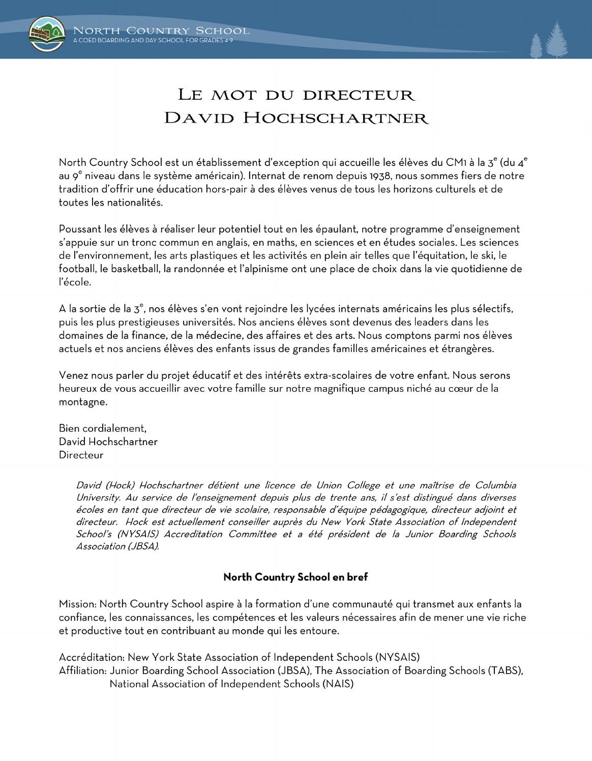 Head Of School Admissions Message French By North Country