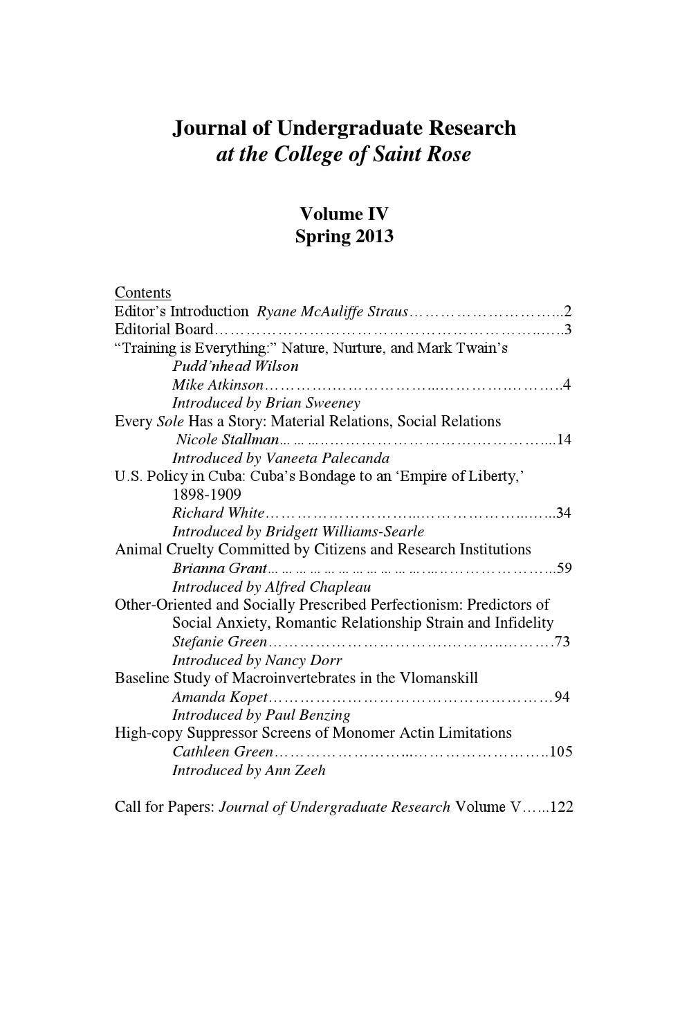 Journal of Undergraduate Research at The College of Saint Rose, Vol. IV