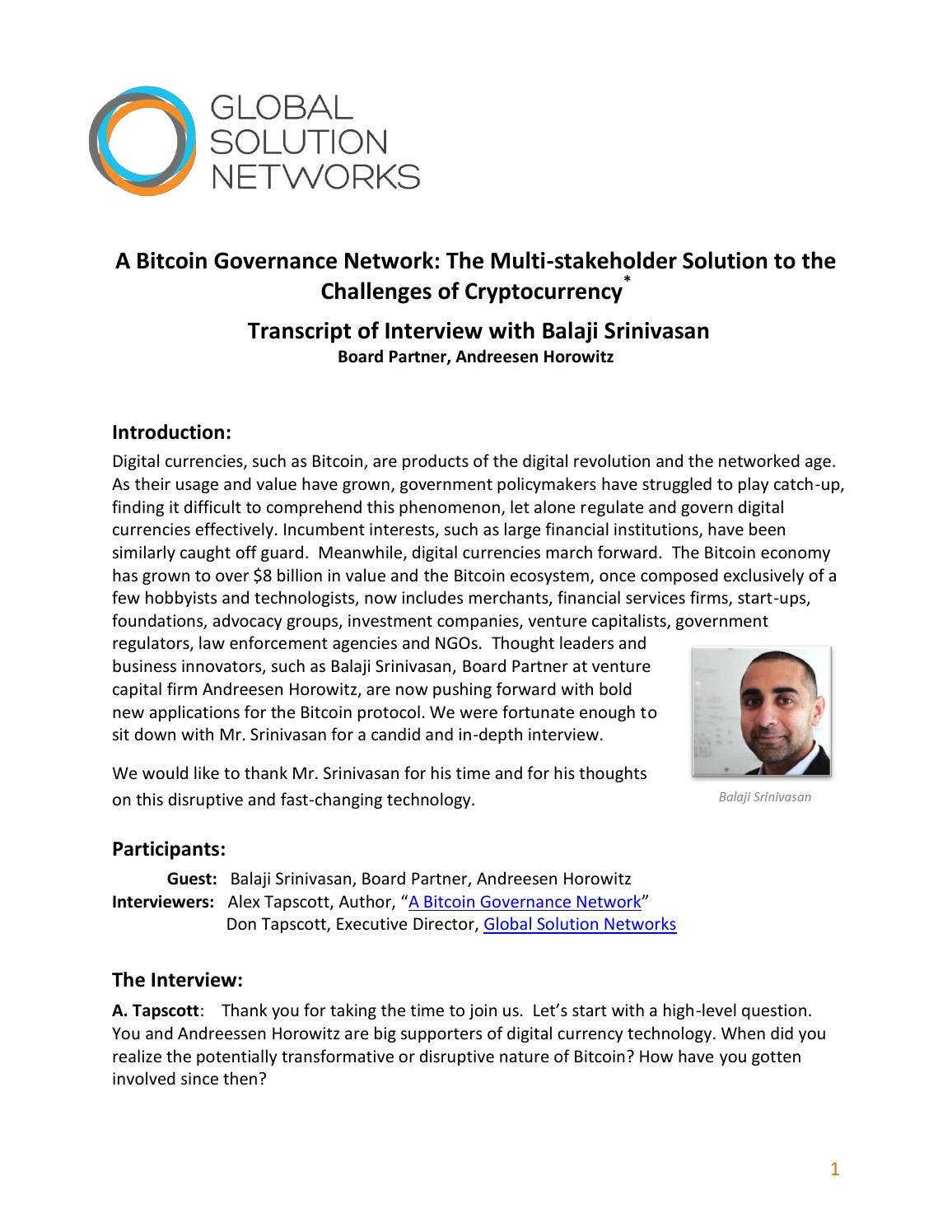 A Bitcoin Governance Network: Transcript of Interview with Balaji Srinivasan  by Global Solution Networks - Issuu