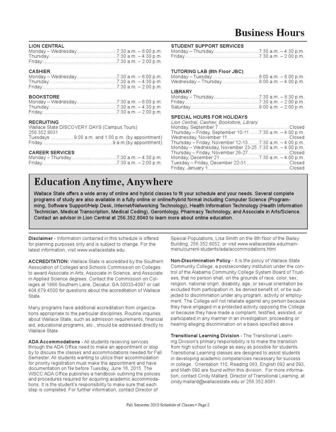Fall 2015 Semester Schedule by Wallace State Community College Issuu