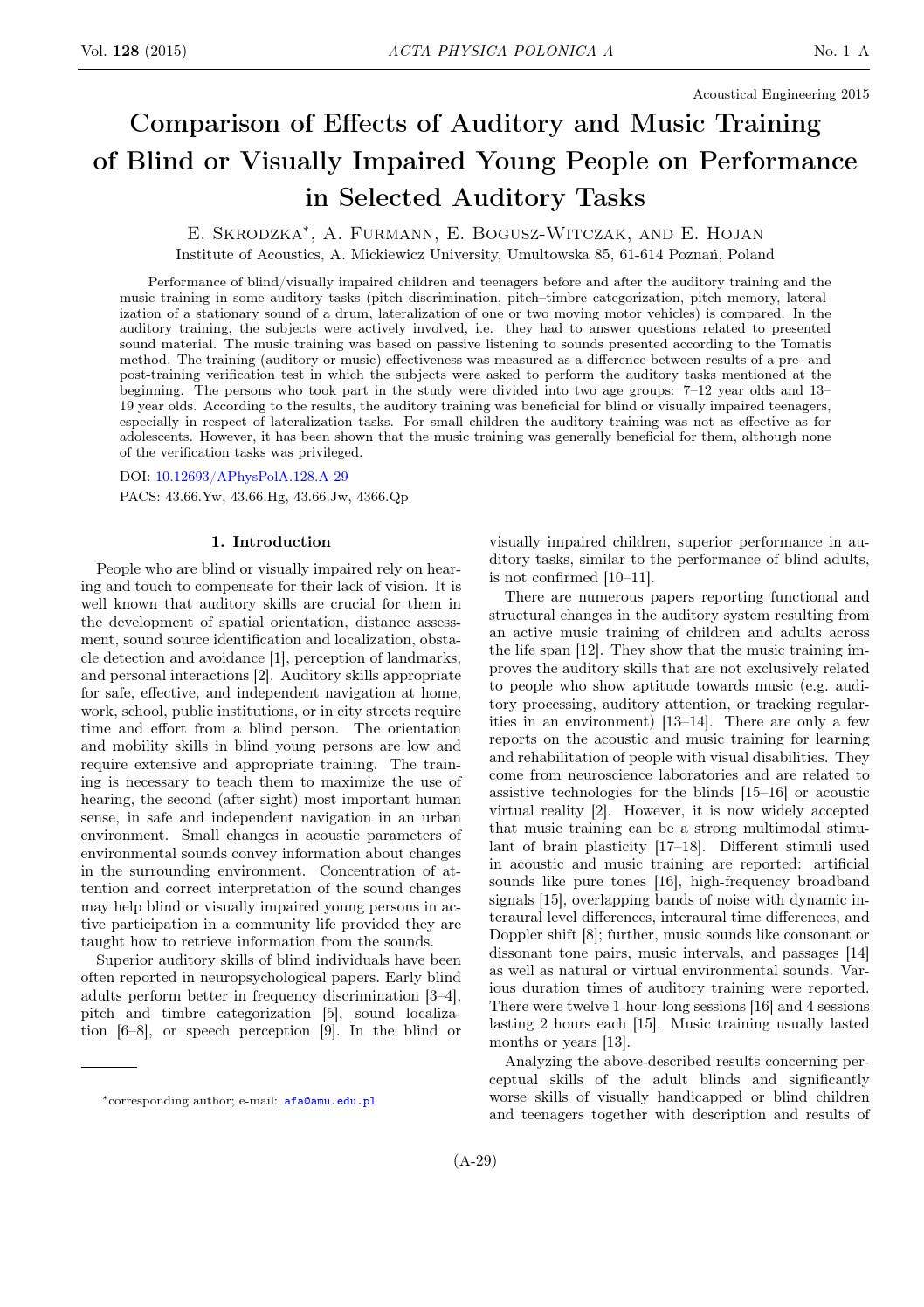 Comparison of effects of auditory and music training of blind or ...