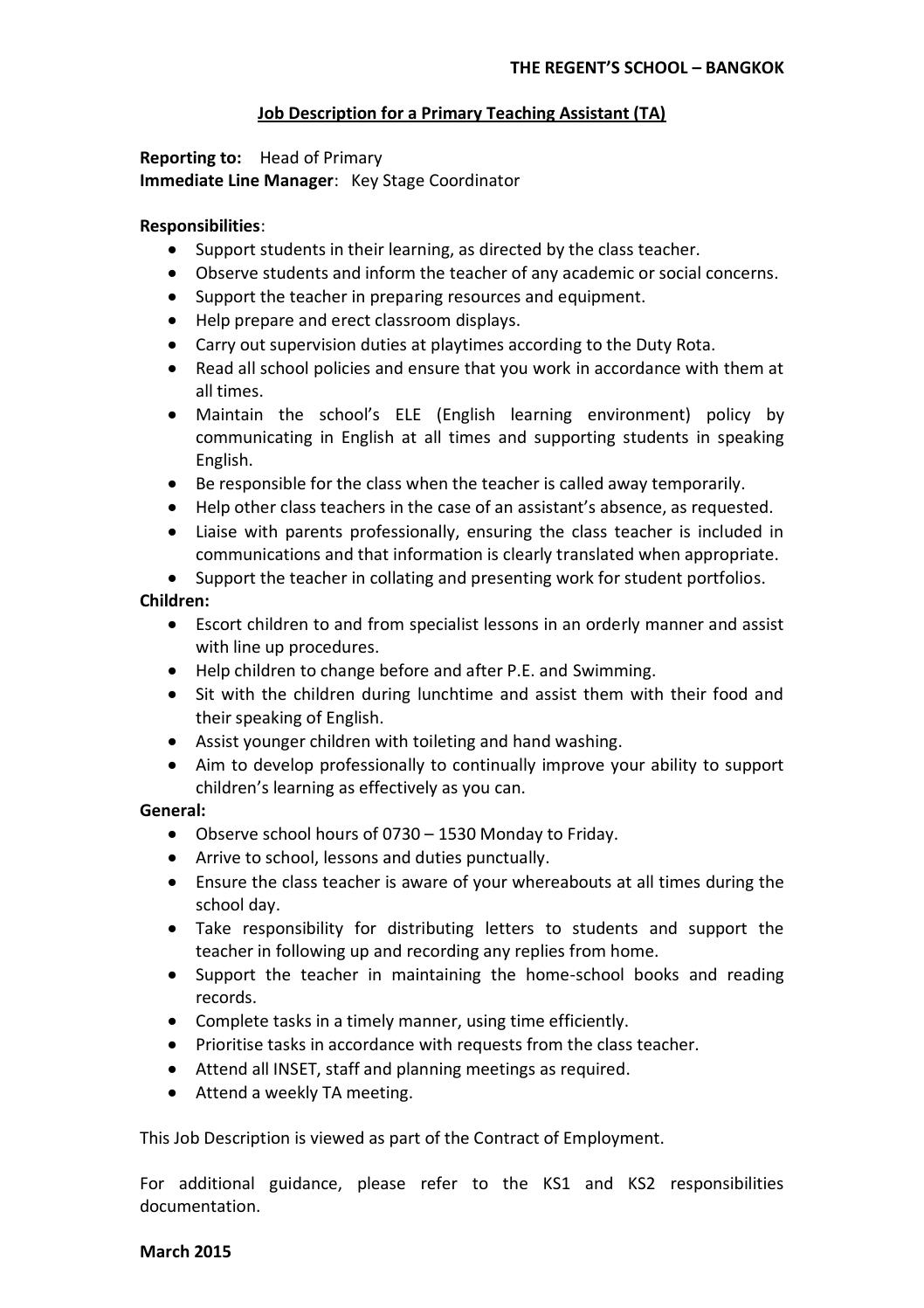 Teaching Assistant Roles And Responsibilities In A Primary School