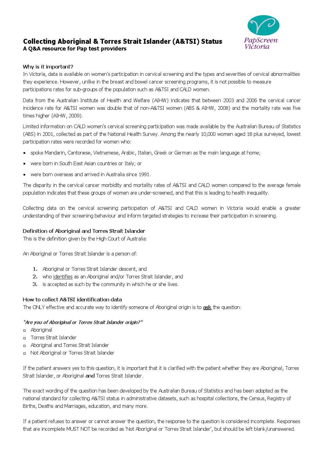 Collecting aboriginal torres strait islander (atsi) status v2 by ...
