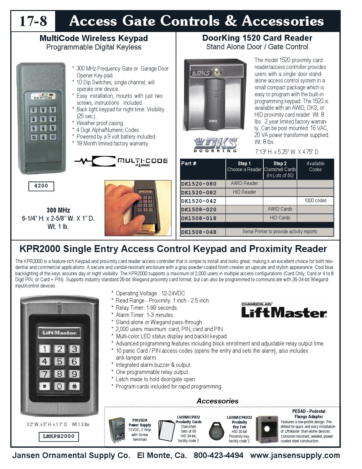 LiftMaster KPR2000 KeyPad//Card Reader Weigand or Stand Alone 2000 User