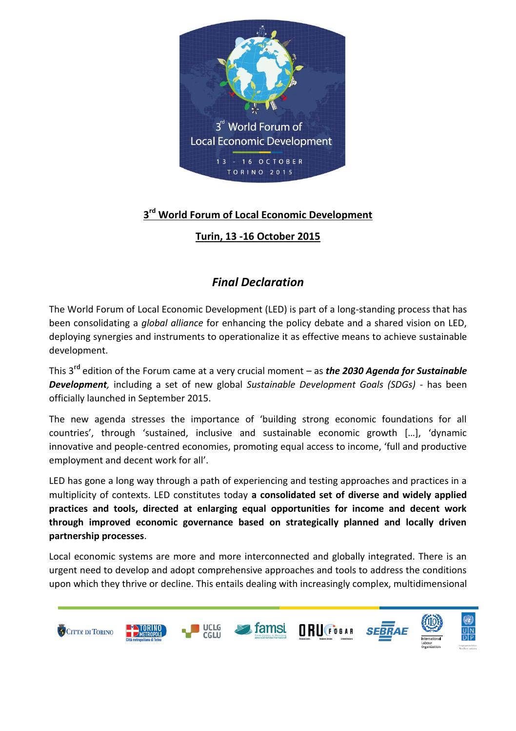 3rd World Forum of Local Economic Development Final Declaration by UNDP ...